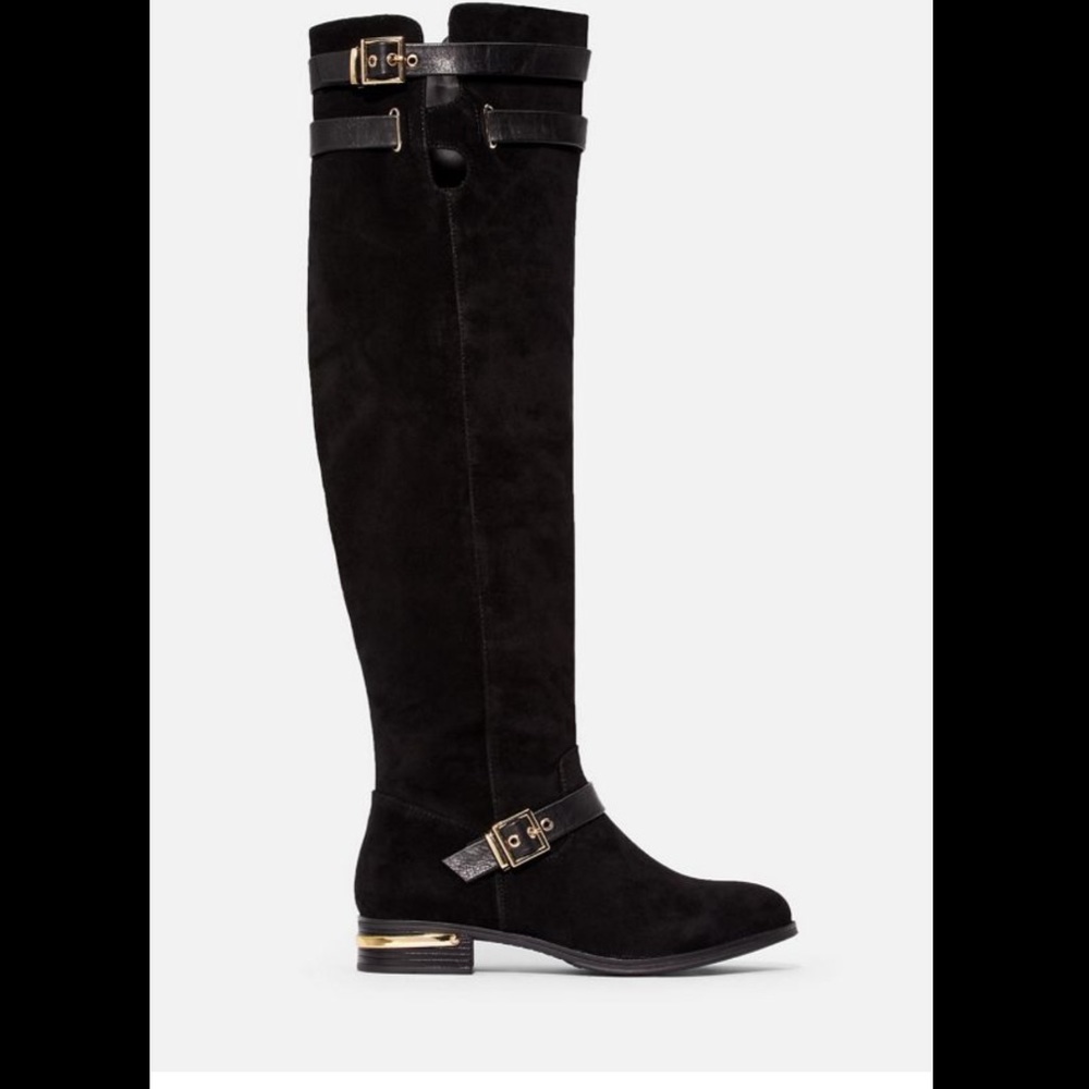 Black riding boot with gold buckle details